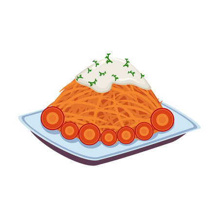 Carrot salad vector illustration. Cartoon drawing of carrot dish with tomatoes and dressing on white background. Healthy food conceptのイラスト素材