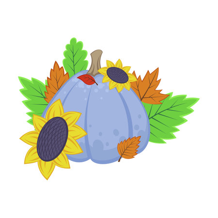 Pumpkin with sunflowers in foliage on white background. Autumn harvesting and seasonal vegetables cartoon illustration. Autumn of fall conceptのイラスト素材