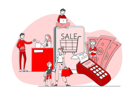 Customers ordering and paying for purchase vector illustration. Cartoon drawing of people with huge phone, payment terminal, cashier, money. Shopping, commerce and ecommerce conceptのイラスト素材
