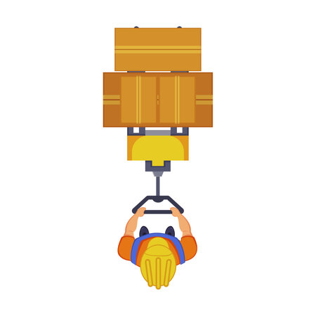 Worker on cargo transport, couriers delivering parcels. Top view of warehouse. Logistics concept. Cartoon vectorのイラスト素材