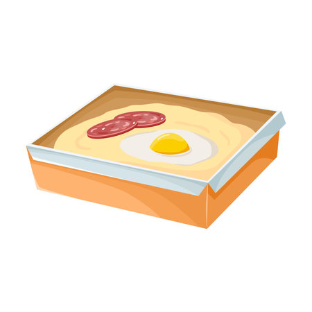Takeaway lunch box vector illustration. Cartoon drawing of potato, egg, salami isolated on white background. Fast food conceptのイラスト素材