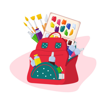 Backpack filled with art equipment vector illustration. Watercolor paints, paint tubes, brushes, erasers and palette in school bag for art classes. Art, hobby, self-expression conceptのイラスト素材