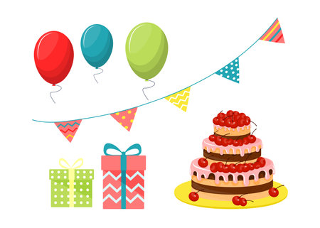 Birthday cake and decorations vector illustrations set. Collection of cartoon drawings of tasty cake, gift boxes, colorful balloons, party flags for birthday card. Birthday, celebration conceptのイラスト素材