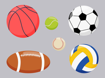Different sports balls vector illustrations set. Equipment for sports, basketball, baseball, soccer, volleyball, tennis, American football. Sports, fitness, active lifestyle, ball games conceptのイラスト素材