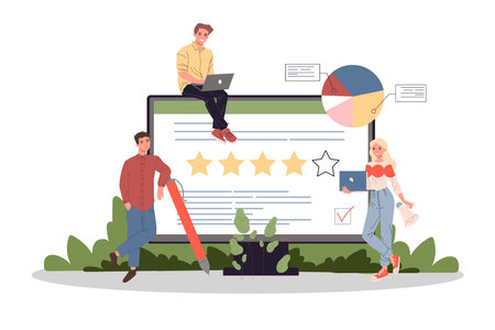 Computer screen with gold rating stars vector illustration. Happy customers leaving online review, giving feedback on website for client satisfaction survey. Online reviews and ratings conceptのイラスト素材