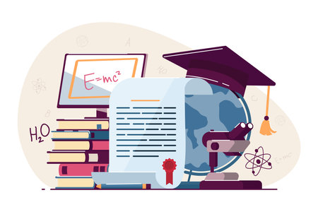 Professional development items vector illustration. Diploma, cap on globe, microscope, textbooks and books for studying at academy or school. Education, graduation, skill development conceptのイラスト素材