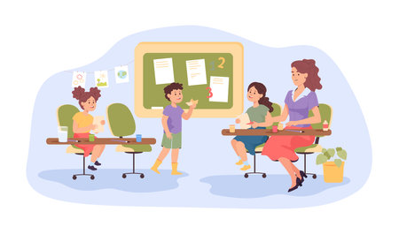 Teacher making paper boats with kids vector illustration. Students learning art and craft at classroom lessons, showing works to educator. Education, back to school, childhood conceptのイラスト素材