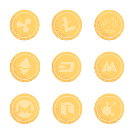 Gold coins with cryptocurrency symbols vector illustrations set. Collection of cartoon drawings of virtual or digital money or currency. Cryptocurrency, finances, technology conceptのイラスト素材
