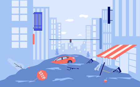 Catastrophic flood damaging city vector illustration. Flooded streets, downpours destroying buildings, cars and trees, high level of water. Climate change, natural disaster, emergency conceptのイラスト素材