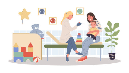 Mother comforting child before vaccination vector illustration. Nurse preparing syringe for baby in pediatrician office with toys and cozy environment. Child-friendly health care, medicine conceptのイラスト素材