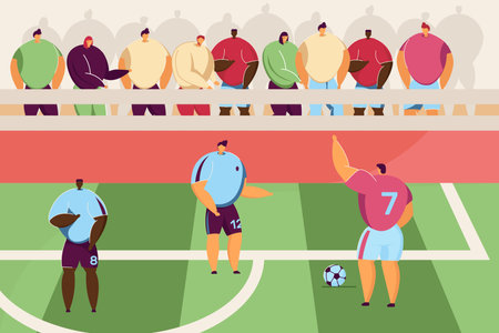 Grand arena with team playing soccer vector illustration. Cartoon drawing of world competition at stadium, teams of athletes on field and spectators. Sports, championship, soccer conceptのイラスト素材