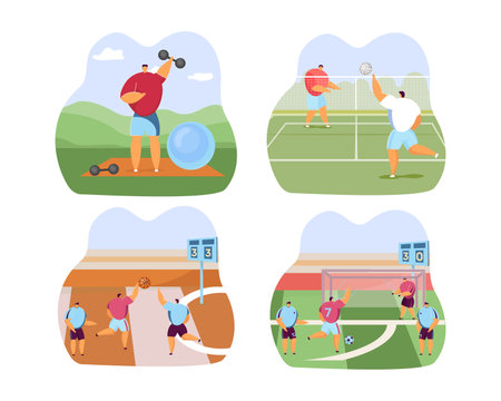 Collage with athletes doing Olympic sports vector illustration. Collection of cartoon drawings of athletic men exercising, playing basketball, volleyball, soccer. Sports, Olympics conceptのイラスト素材