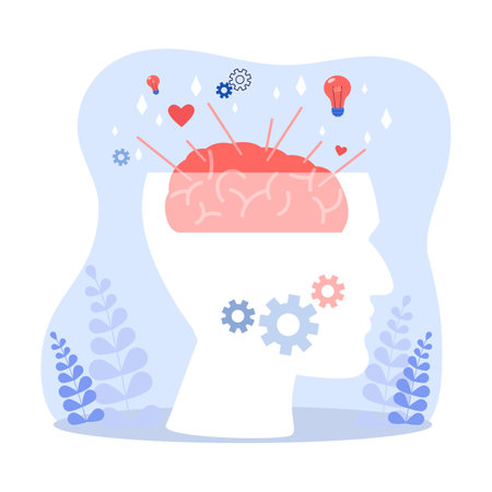 Side view of head with sparks around brain vector illustration. Drawing of brainpower, gears and lightbulbs, mental or cognitive processes. Creativity, intelligence, innovation, brainstorming conceptのイラスト素材