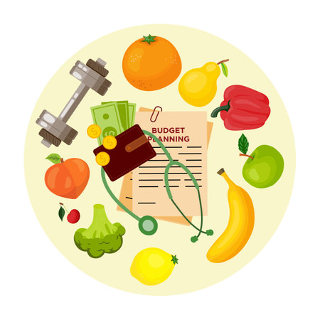 Healthy food and budget planning vector illustration. Fresh affordable fruit, vegetables, fitness equipment and health care service for keeping fit. Wellness, finance, healthy lifestyle conceptのイラスト素材