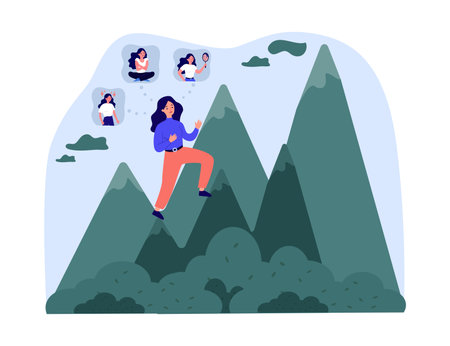 Woman with insecurities climbing mountain vector illustration. Cartoon drawing of girl overcoming complexes, self-improvement journey. Self-love or self-acceptance, personal growth conceptのイラスト素材