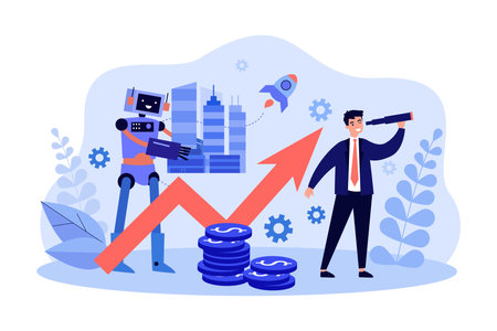 Robot helping build and develop city vector illustration. Businessman looking in spyglass, profit charts of technology companies rising. Artificial intelligence at work, robotics, business conceptのイラスト素材