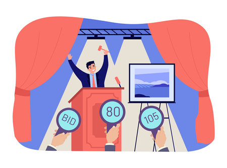 Art dealer selling painting at auction vector illustration. Cartoon drawing of hand of bidders holding bidding cards, framed artwork, man with gavel. Auction, art, luxury, decoration conceptのイラスト素材