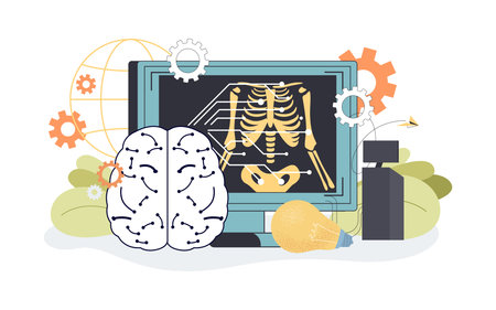 Artificial intelligence estimating age vector illustration. X-ray screen showing chest of healthy person, doctors diagnosing patients with help of computer. Use of AI in medicine, technology conceptのイラスト素材