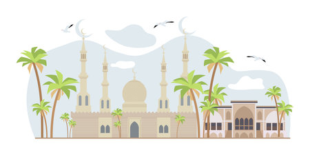 Mosque as place of worship for Muslims vector illustration. Cartoon drawing of traditional building with crescents, palm trees. Religion, spirituality, architecture, Islam, Ramadan conceptのイラスト素材