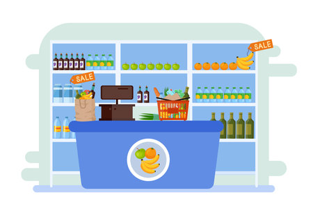 Checkout counter with shopping basket vector illustration. Cartoon drawing of grocery store, racks or shelves with healthy products, sale or discount. Grocery shopping, healthy food conceptのイラスト素材