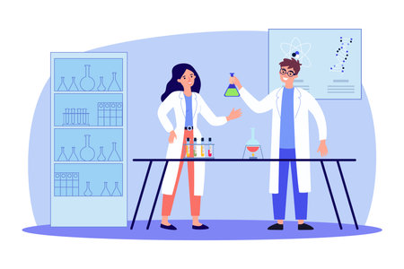 Scientists in laboratory vector illustration. Man and woman work on scientific research. Education, experiment, science conceptのイラスト素材