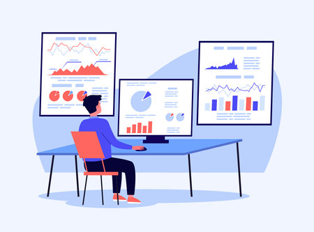 Male analytic analazing flow of data stream vector illustration. Charts, graphs on computer monitor as symbol of data-driven insights. Online consulting, data stream, analytics conceptのイラスト素材