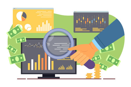 Hand holding magnifying glass to see financial chart or graph on computer monitor. Business analysis and financial management concept.のイラスト素材