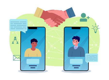 Handshake as virtual business interactions vector illustration. Using digital devices for business dealing. Smartphones with businessmen making agreement. Technology, digital connectivity conceptのイラスト素材