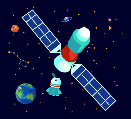 Satellite in outer space with starry sky vector illustration. Cartoon drawing of space equipment, constellations, rocket ship, planets. Space exploration, astronomy, science conceptのイラスト素材