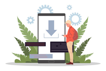 User installing app on smartphone vector illustration. Mobile device with application installation process and other mobile apps promotion ads on screen. Social media, advertising conceptのイラスト素材