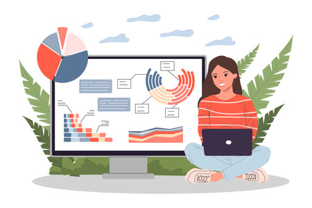 Data analytics dashboard on computer screen vector illustration. Happy female specialist working on laptop, analyzing infographics, performance metrics and charts. Optimization, business conceptのイラスト素材