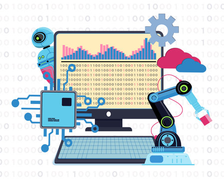 Modern technology and digital gears vector illustration. Binary code on computer screen, robotic arm, humanoid and microchip development and evolution. Business digitalization conceptのイラスト素材