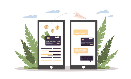 Two phones with money transaction process vector illustration. Drawing of smartphones with credit cards, cash and messages on screens, mobile banking service. Finances, technology, banking conceptのイラスト素材