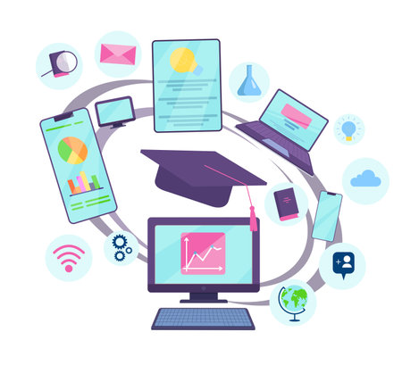 Digital learning tools for students vector illustration. Laptop, computer, smartphone, tablet with documents and infographics on screen for online studying. Education, e-learning conceptのイラスト素材