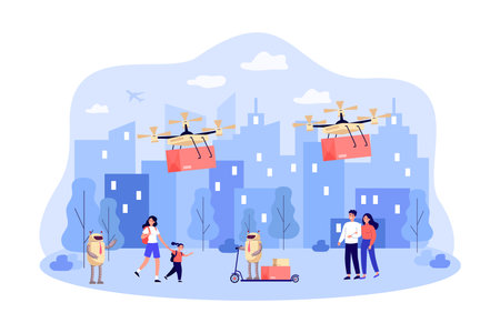 Robots and drones delivering parcels in city vector illustration. Cartoon drawing of cityscape with AI-powered delivery service. Artificial intelligence, technology, modern robots, delivery conceptのイラスト素材