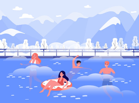 People swimming in hot springs in winter vector illustration. Cartoon drawing of people improving health at winter resort, woman on inflatable ring. Wellness, tourism, healthy lifestyle conceptのイラスト素材
