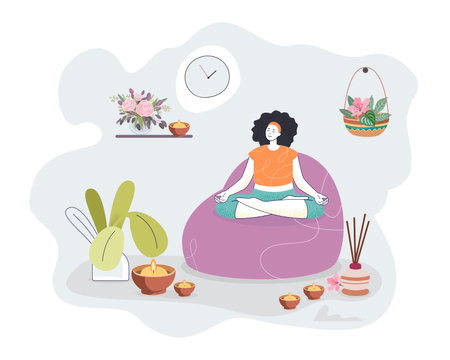 Plants and candles around meditating woman vector illustration. Cartoon drawing of calm girl sitting in lotus position or doing yoga exercises at home. Home garden, nature, relaxation, yoga conceptのイラスト素材