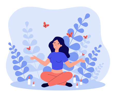 Happy woman with closed eyes in lotus position meditating vector illustration. Nature, meditation, calmness, mental health conceptのイラスト素材