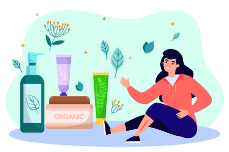 Woman with scar on leg choosing effective treatment vector illustration. Different cosmetic products, herbal creams for scar care. Treatment and beauty conceptのイラスト素材