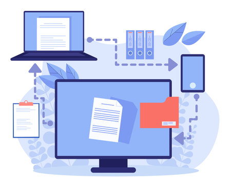 Modern devices with process of electronic document interchange. Flat vector illustration. Computer, laptop, smartphone, file folders. Paperwork efficiency conceptのイラスト素材