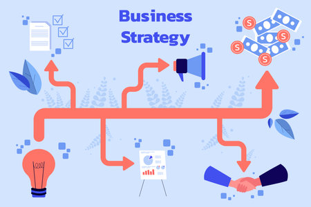 Creative process diagram with arrows and icons of idea, project documents, agreement, partnership, finance. Flat vector illustration. Business strategy and startup conceptのイラスト素材