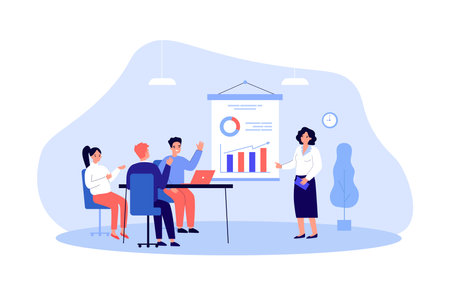 HR specialist giving presentation to employees vector illustration. Female coach trying to increase level of enthusiasm to work among people sitting at table. Employee engagement conceptのイラスト素材