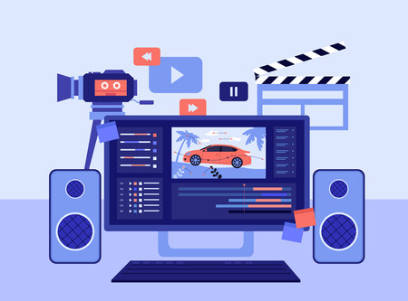 Camera, audio system, clapboard, computer vector illustration. Digital art and animation studio conceptのイラスト素材