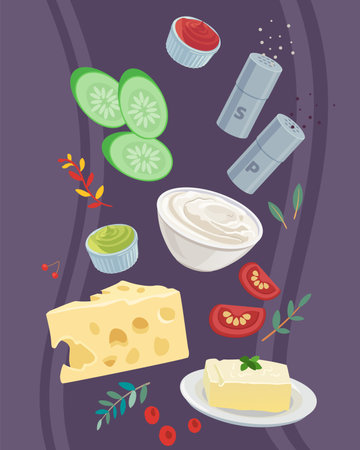 Gourmet ingredients vector illustration. Butter, cheese, tomatoes, sauces, salt, pepper, fine herbs. Culinary, cooking conceptのイラスト素材