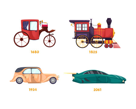 Vehicles of various ages vector illustration set. Carriage, train, car, automobile. Progress of modes of transportation, transport conceptのイラスト素材