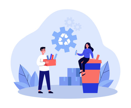 Huge disposal paper cup with woman sitting on it. Man with box with processed products. Vector illustration. Recycle sign. Eco-friendly production conceptのイラスト素材
