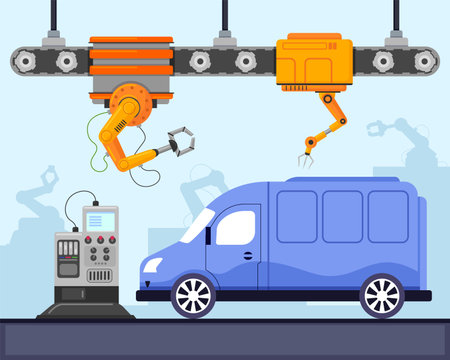 Automobile on manufacturing line with robotic arms vector illustration. Automotive manufacture, robotics, automation in industry conceptのイラスト素材