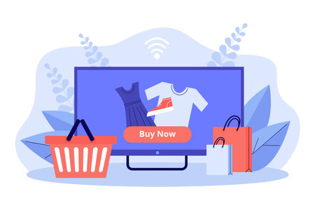 Huge TV set with clothes and offer to Buy now. Vector illustration. Shopping cart and bags. TV advertising, purchase option, shopping, sales conceptのイラスト素材