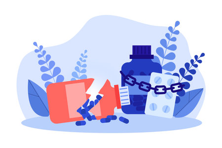 Broken bottle with pills and drugs in chain vector illustration. Drug treatment, medicine for drug addiction conceptのイラスト素材