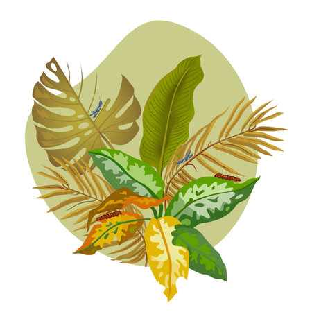 Insects eating green leaves vector illustration. Insect pest invasion, nature, devastated flora, destruction, environment conceptのイラスト素材